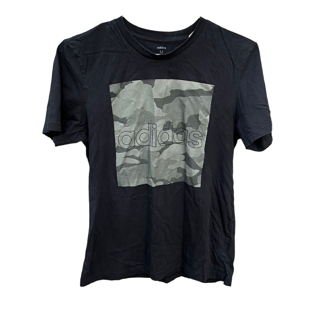 Adidas Logo Short Sleeve Crew Neck Tee Black Camouflage T Shirt FM6103 Men's M